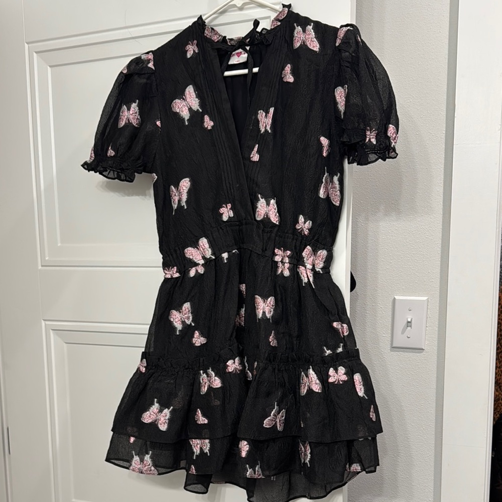 BUDDYLOVE Pink and Black Butterfly Fit and Flare Mini Dress with Puff Sleeves